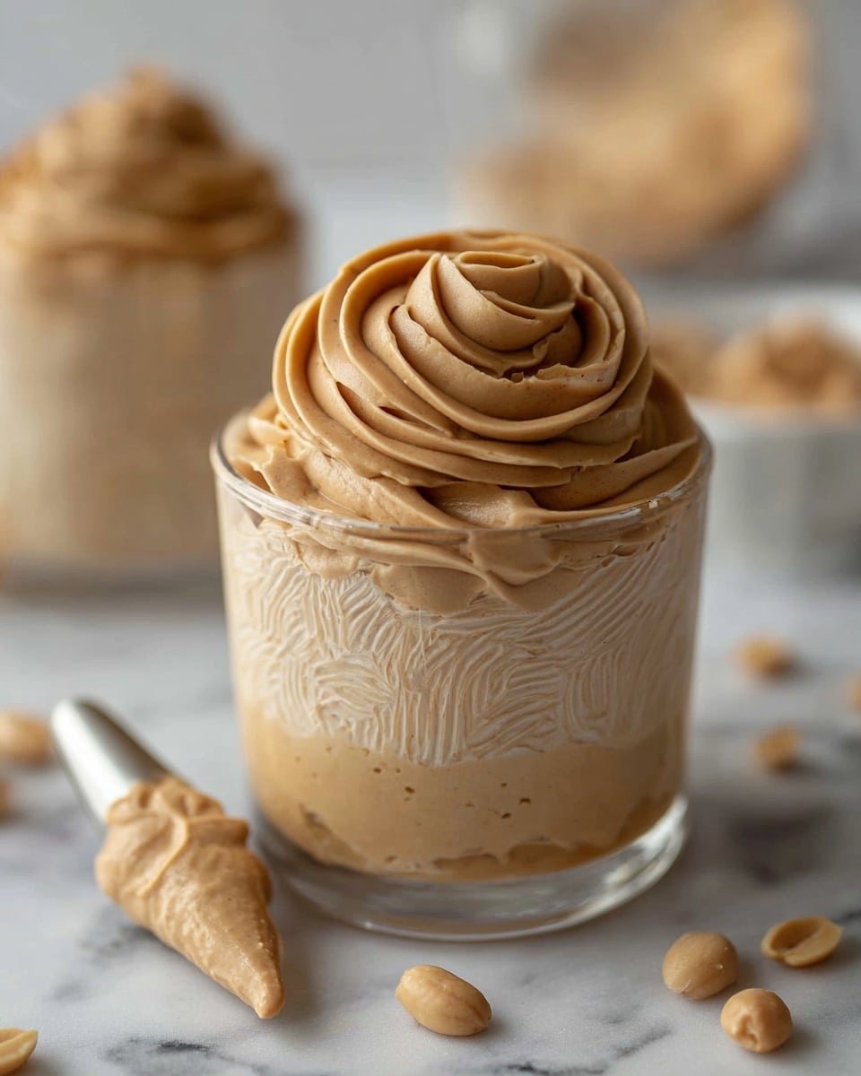The image shows a dessert in a clear small glass cup with two distinct layers: the bottom layer is light brown with a textured, swirled pattern, and the top layer is a thick, creamy swirl of smooth light brown frosting shaped like a rose. The glass is placed on a white marbled surface with a few scattered roasted peanuts nearby, and a piping bag with some of the same creamy frosting on its tip lies close to the cup. In the background, another similar glass cup with the same frosting is slightly out of focus. The scene has soft lighting that highlights the texture of the frosting. photo taken with an iphone --ar 4:5 --v 7