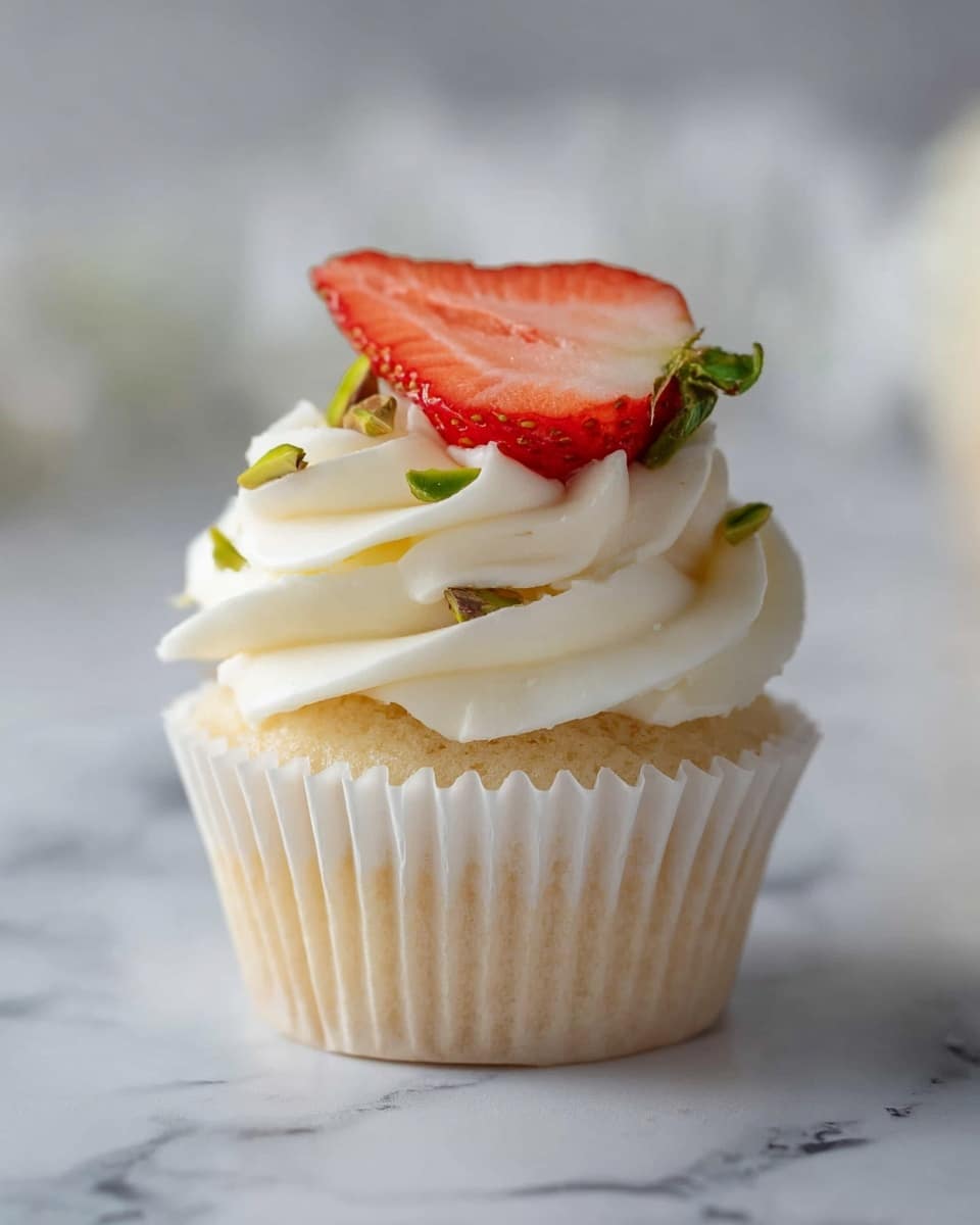 A clear glass cup filled with smooth, creamy white frosting piped in two different styles: the bottom half has dense, petal-like swirls closely packed together, while the top half features a soft, large rosette swirl that rises high above the rim, with gentle folds and a silky texture. The setting is on a white marbled surface with a blurred background that includes a cupcake with white frosting and a light pink strawberry. Photo taken with an iphone --ar 4:5 --v 7