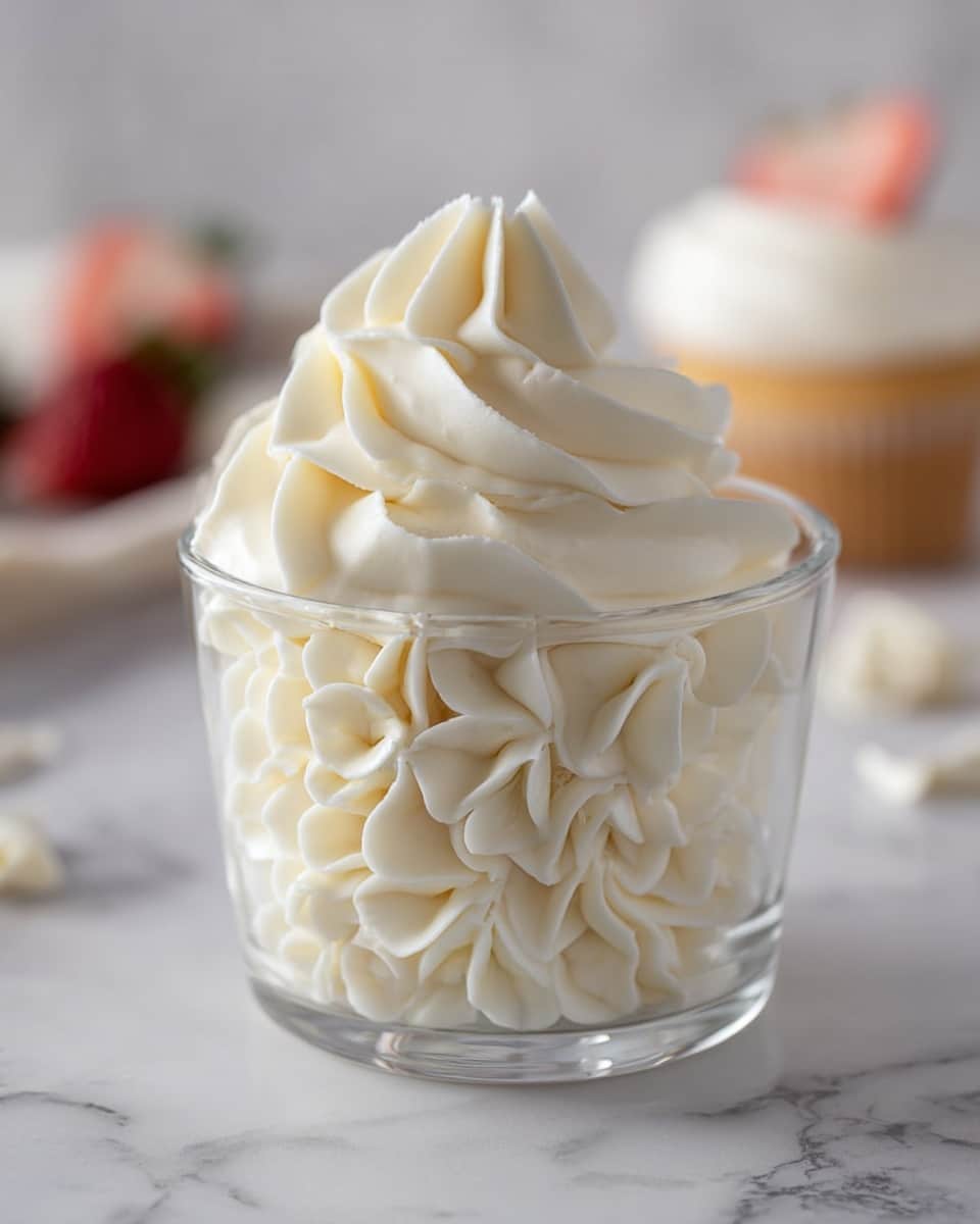 A single cupcake sits on a white marbled surface. The cupcake has a pale golden base wrapped in a white paper liner. On top, there are two thick layers of creamy white frosting swirled smoothly, creating a soft, wavy texture. Resting on the frosting is a half slice of fresh strawberry, showing a gradient of red to pale pink and white with green leafy top. Small, thin green pistachio slivers are scattered around the frosting, adding color contrast. The background is softly blurred with white and gray shades. photo taken with an iphone --ar 4:5 --v 7