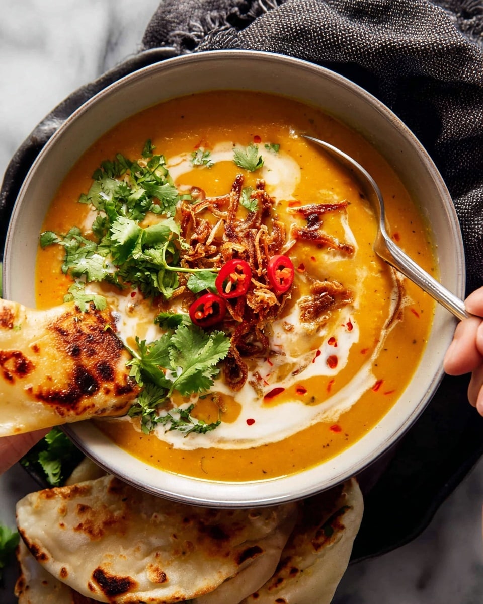 A bowl of thick orange soup is topped with a swirl of white cream, red chili slices, crispy fried onions, and fresh green cilantro leaves scattered on top. A spoon rests inside the soup near the edge of the white bowl. A woman's hand is dipping a piece of rolled flatbread with a golden-brown grilled texture into the soup, with more flatbread pieces stacked below the bowl. The scene is set on a white marbled surface with a dark cloth partially visible in the background. Photo taken with an iphone --ar 4:5 --v 7