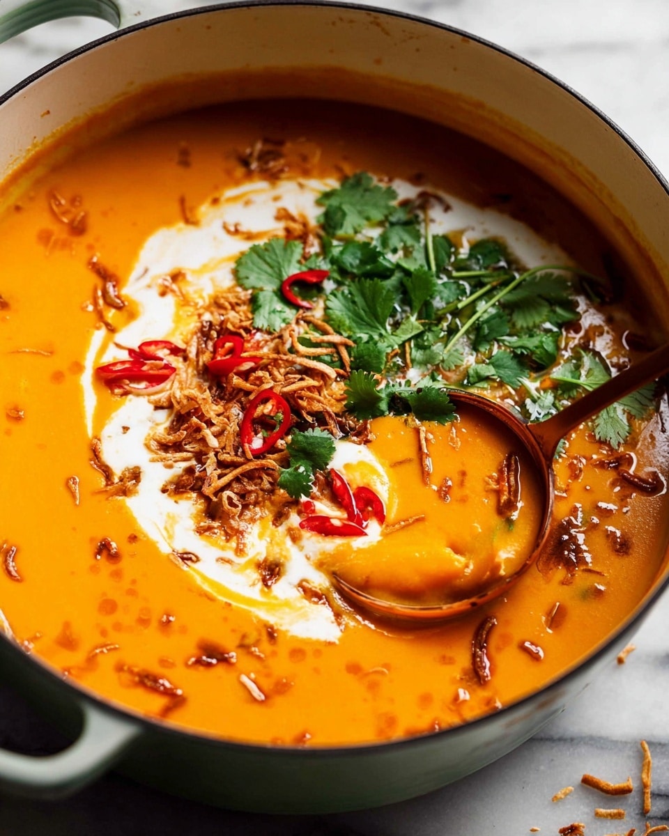 The image shows a close-up of a large white pot filled with bright orange thick soup, which has a smooth and creamy texture covering most of the inside. On top of the soup, there are several garnishes: a swirl of white cream, a pile of finely chopped bright green cilantro leaves towards the upper right, thinly sliced red chili on the left side, and a scattering of crispy, thin fried onion pieces. A copper spoon lifts a portion of the soup along with some garnishes, highlighting the rich texture and colors. All of this sits on a white marbled surface. photo taken with an iphone --ar 4:5 --v 7