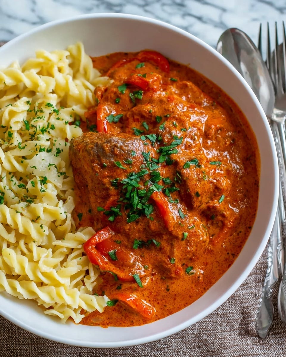 A white bowl filled with two layers of creamy, orange-red sauce mixed with tender chunks of cooked red peppers, covering a piece of browned meat at the center, topped with finely chopped green herbs. On the left side of the bowl, there is a generous portion of pale yellow pasta with some scattered green herb bits. The bowl is placed on a white marbled surface with a silver fork and spoon next to it. Photo taken with an iphone --ar 4:5 --v 7