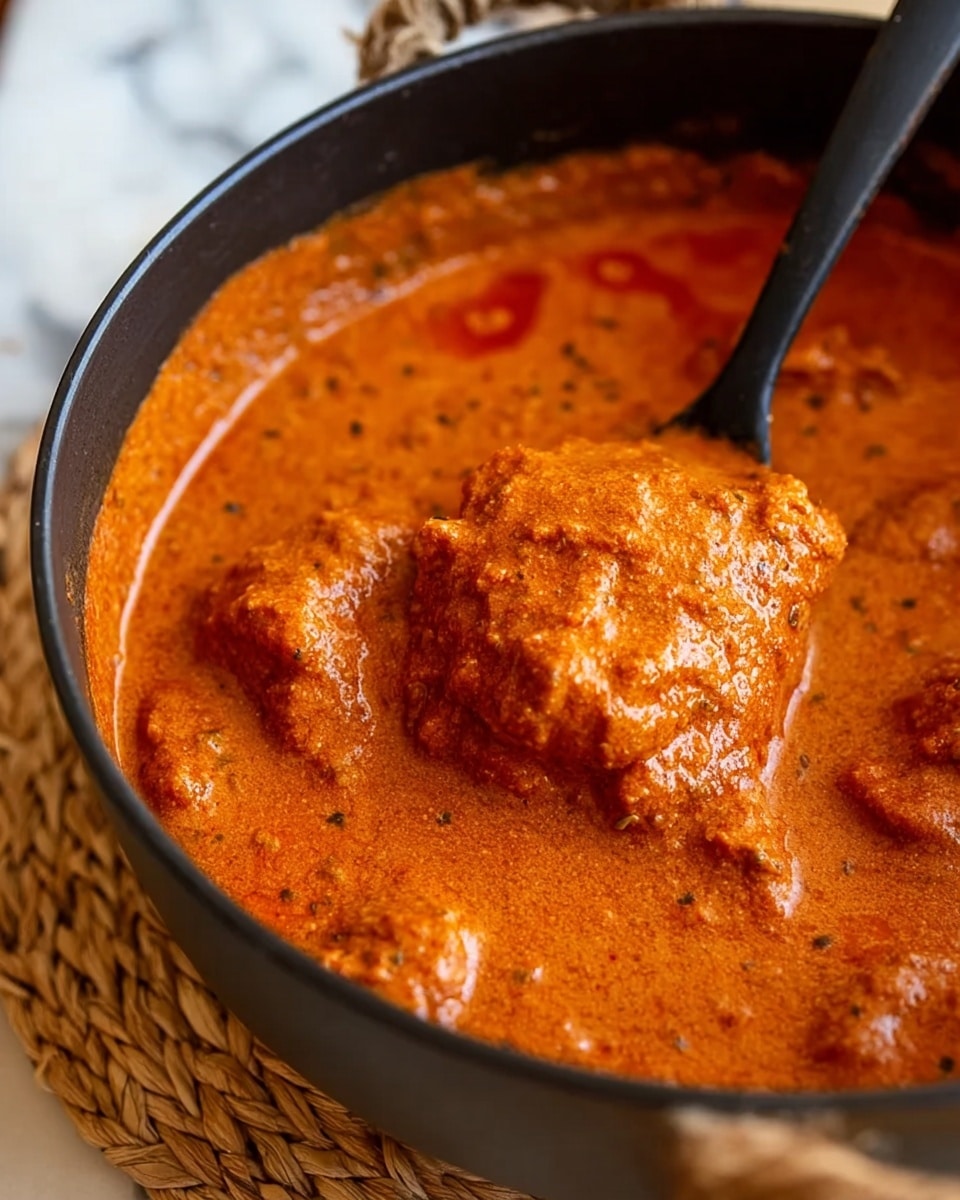 A close-up of a black pot filled with thick, rich orange-red curry sauce with a slightly chunky texture, showing small bits of spices and ingredients. The sauce covers a large piece of cooked chicken that is fully soaked in the sauce, visible in the center being scooped by a black spoon. The pot rests on a white marbled surface with a woven placemat slightly visible at the bottom left. The curry has a creamy, smooth look with some oily spots shining on the surface, making the sauce look warm and inviting. Photo taken with an iphone --ar 4:5 --v 7