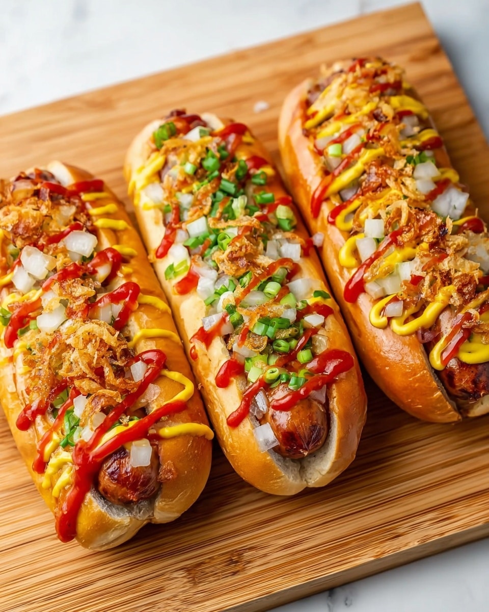 Three hot dogs in white buns are laid on a wooden cutting board. Each hot dog has a grilled sausage as the base layer, topped with chopped white onions and green chives scattered across. There are two sauces drizzled in parallel lines on each hot dog: a yellow mustard and a red ketchup. Crispy fried onions add a crunchy texture scattered on top. The buns are golden brown and slightly toasted. The cutting board sits on a white marbled textured surface. photo taken with an iphone --ar 4:5 --v 7