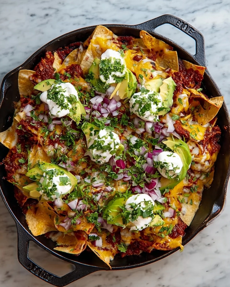 A cast iron skillet filled with layered nachos shows a base of crisped tortilla chips topped with melted yellow cheese and a red bean chili sauce. On top, there are slices of pale green avocado, dollops of white sour cream, finely chopped purple onion, and small sprigs of fresh green cilantro scattered all over. The chips are folded and arranged unevenly around the skillet, creating a textured, inviting look. The skillet sits on a white marbled surface. photo taken with an iphone --ar 4:5 --v 7
