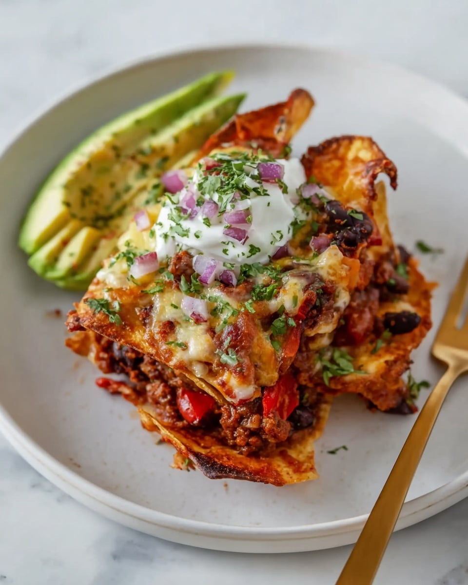 The dish shows a white plate with a layered serving of baked nachos. The base layer has crispy, slightly browned tortilla chips with curled edges. On top, there is a mix of cooked red bell peppers, black beans, and ground meat in a reddish sauce. This is followed by melted cheese that is golden and bubbly in spots. The next layer includes finely chopped red onions and small green herb pieces scattered evenly. On one side, there is a fanned avocado slice topped with a dollop of white sour cream and extra herbs. A gold-colored fork lies next to the food on the plate. The plate rests on a white marbled surface. photo taken with an iphone --ar 4:5 --v 7