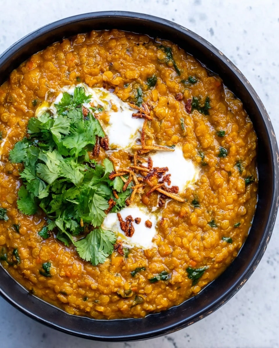 A black bowl filled with thick, orange lentil stew that has some visible green leafy bits and small chunks, giving it a textured look. On top, there are three small dollops of white cream spread unevenly across the surface, garnished with a small bunch of fresh green cilantro leaves placed near the upper left side of the bowl. Tiny crispy brown flakes are sprinkled around the cream areas. The bowl sits on a white marbled surface, creating a clean and bright background. photo taken with an iphone --ar 4:5 --v 7