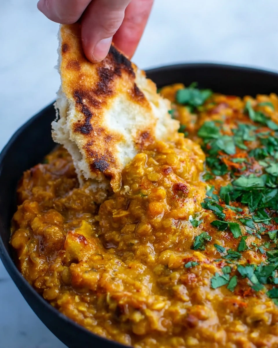 A close-up image shows a woman's hand dipping a piece of golden-brown toasted flatbread into a thick, creamy, orange lentil stew with small chunks and visible cooked spices. The dish is served in a black bowl, placed on a white marbled surface. Bright green fresh herbs are scattered on one side of the stew, adding a pop of color and freshness. The texture of the stew looks rich and hearty with visible lentils and spices mixed evenly throughout. Photo taken with an iphone --ar 4:5 --v 7