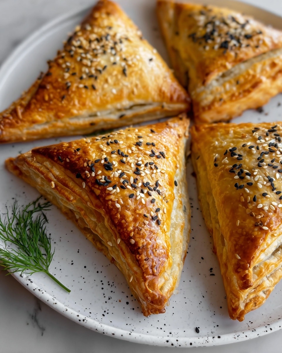 The image shows four golden-brown triangular pastries with a flaky crust on a white plate with black speckles. Each pastry has a puffed, layered texture with visible edges sealed by a fork press pattern. The top of the pastries is sprinkled with both white and black sesame seeds, adding contrast to the shiny, baked surface. A small green dill sprig is partially visible in the corner of the plate, resting on a white marbled surface. Photo taken with an iphone --ar 4:5 --v 7