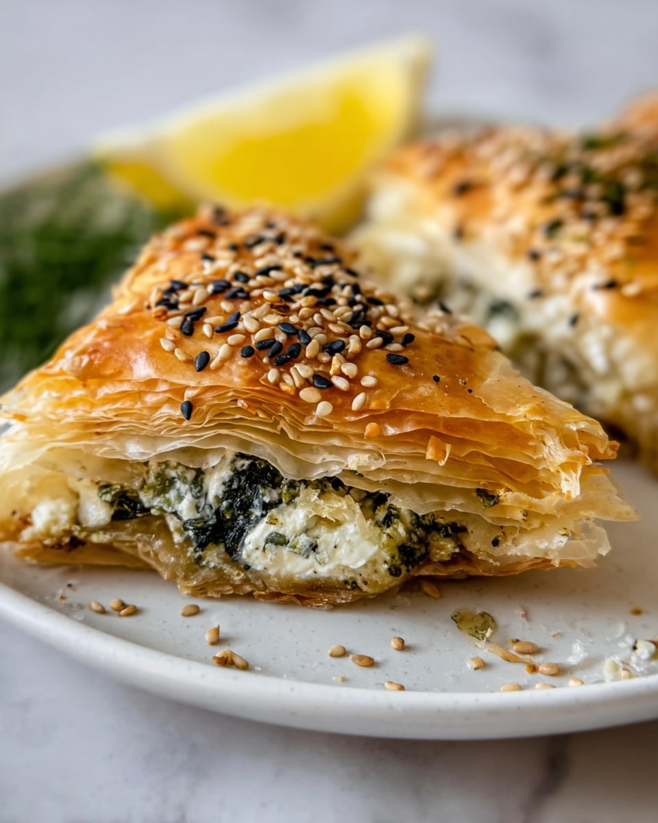 A close-up of a square-shaped flaky pastry on a white plate, showing multiple thin golden layers that are crispy and slightly browned on the edges. The top has a golden shine with black and white sesame seeds sprinkled over it. Inside, there is a filling made of creamy white cheese mixed with dark green leafy vegetables, visible through a broken corner. A lemon wedge and some green herbs are softly blurred in the background on a white marbled surface. photo taken with an iphone --ar 4:5 --v 7