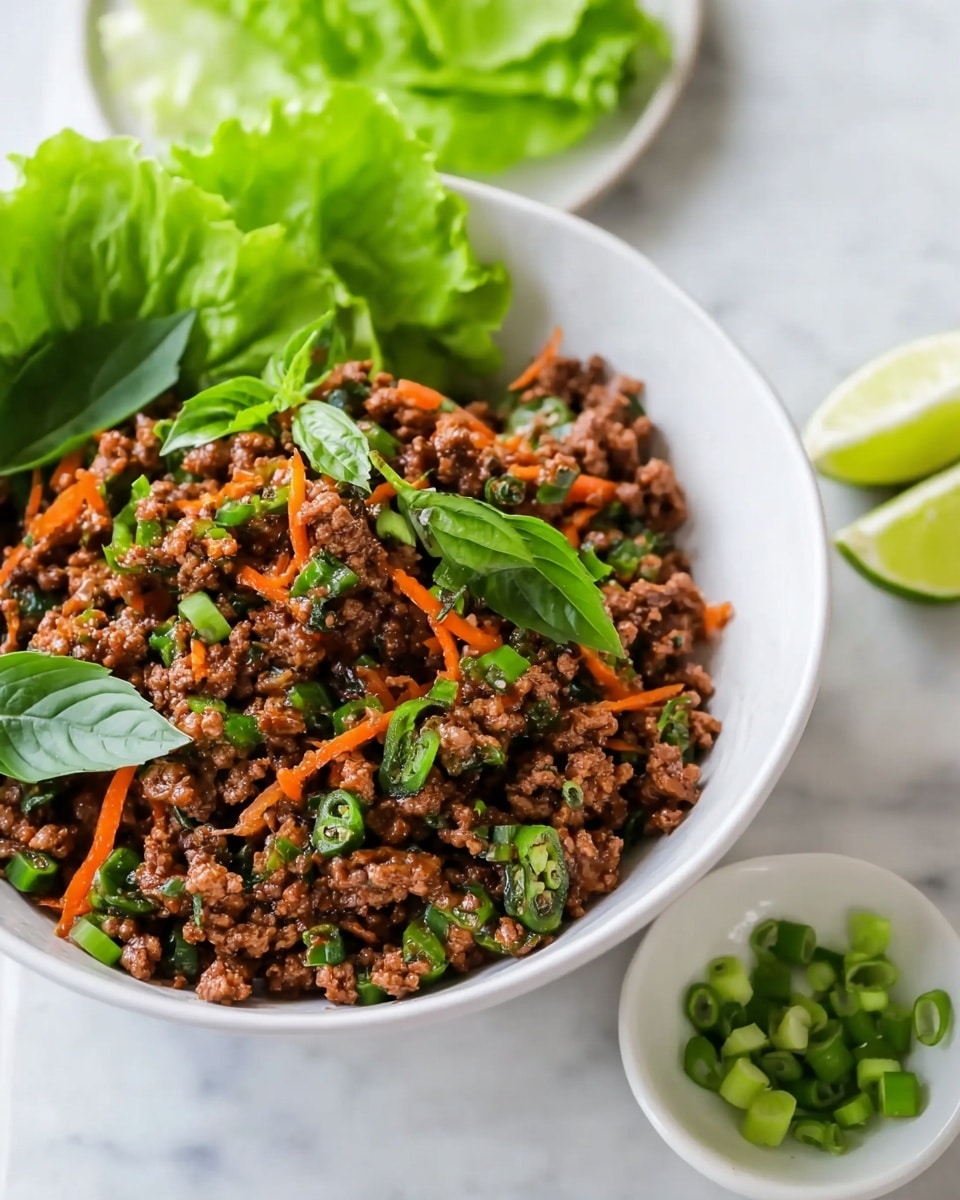 A white bowl filled with a mix of cooked ground beef and chopped green chili peppers, with thin strips of orange carrots scattered throughout, topped with fresh bright green basil leaves. The bowl sits on a white marbled surface with a white plate nearby, holding fresh green lettuce leaves, sliced green onions in a small white dish, and two lime wedges. The colors are rich and natural, with the dark brown beef contrasting brightly with the green and orange vegetables. Photo taken with an iphone --ar 4:5 --v 7