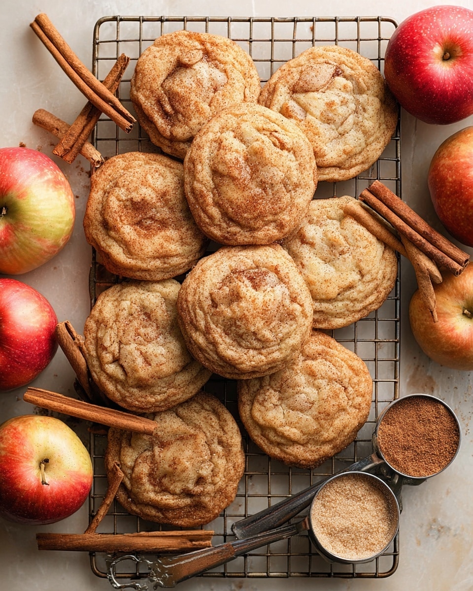 A cluster of round, golden-brown cookies with a slightly cracked surface rests on a metal cooling rack over a white marbled texture. The cookies have a soft, chewy texture with visible swirls of cinnamon and apple bits inside. Three sticks of cinnamon lie diagonally across the cookies, while three fresh red and yellow apples are scattered around them. Two measuring spoons, one filled with ground cinnamon and the other with a light brown sugar mix, sit near the cookies, adding a sense of warm seasoning to the scene. photo taken with an iphone --ar 4:5 --v 7