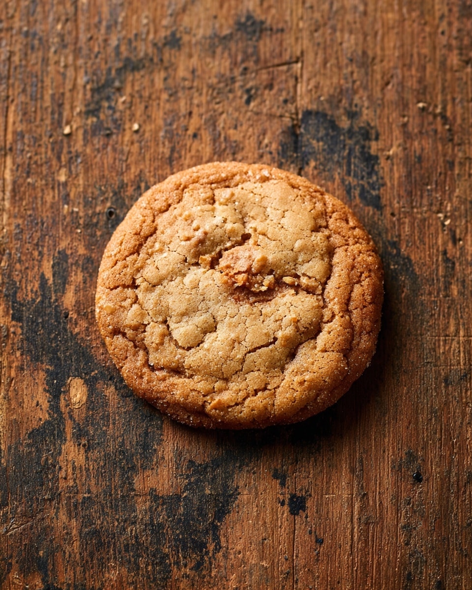 A single round cookie with a cracked, golden-brown surface sits alone on a rough wooden table. The cookie has a slightly uneven texture, showing small lumps and darker browned spots across the top. Its edges are more cooked, forming a crispy border that contrasts with the softer center. The wooden table beneath has dark scuffs and areas where the finish has worn away, adding a rustic feel to the image. Photo taken with an iphone --ar 4:5 --v 7
