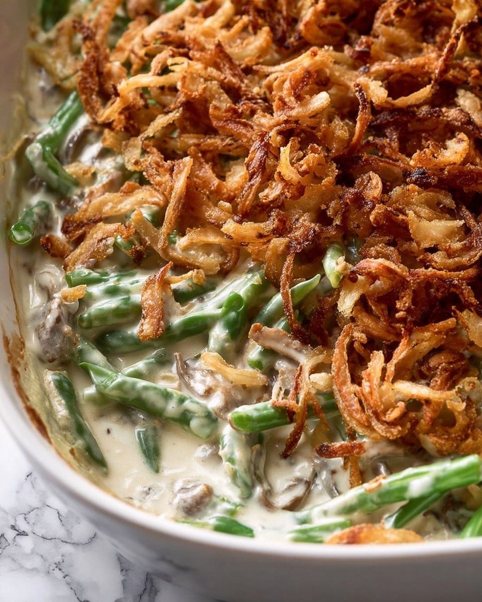 The dish shows a creamy green bean casserole with three main layers. The bottom layer is made of cooked green beans that are bright green and smooth in texture. On top of the green beans, there is a thick layer of creamy white mushroom sauce, which looks smooth and a little glossy, covering the beans unevenly. The top layer is a heap of crispy fried onions, golden brown with a crunchy texture, spread thickly over one side of the casserole, while some onions mix into the creamy sauce. The background is a white marbled texture. Photo taken with an iphone --ar 4:5 --v 7