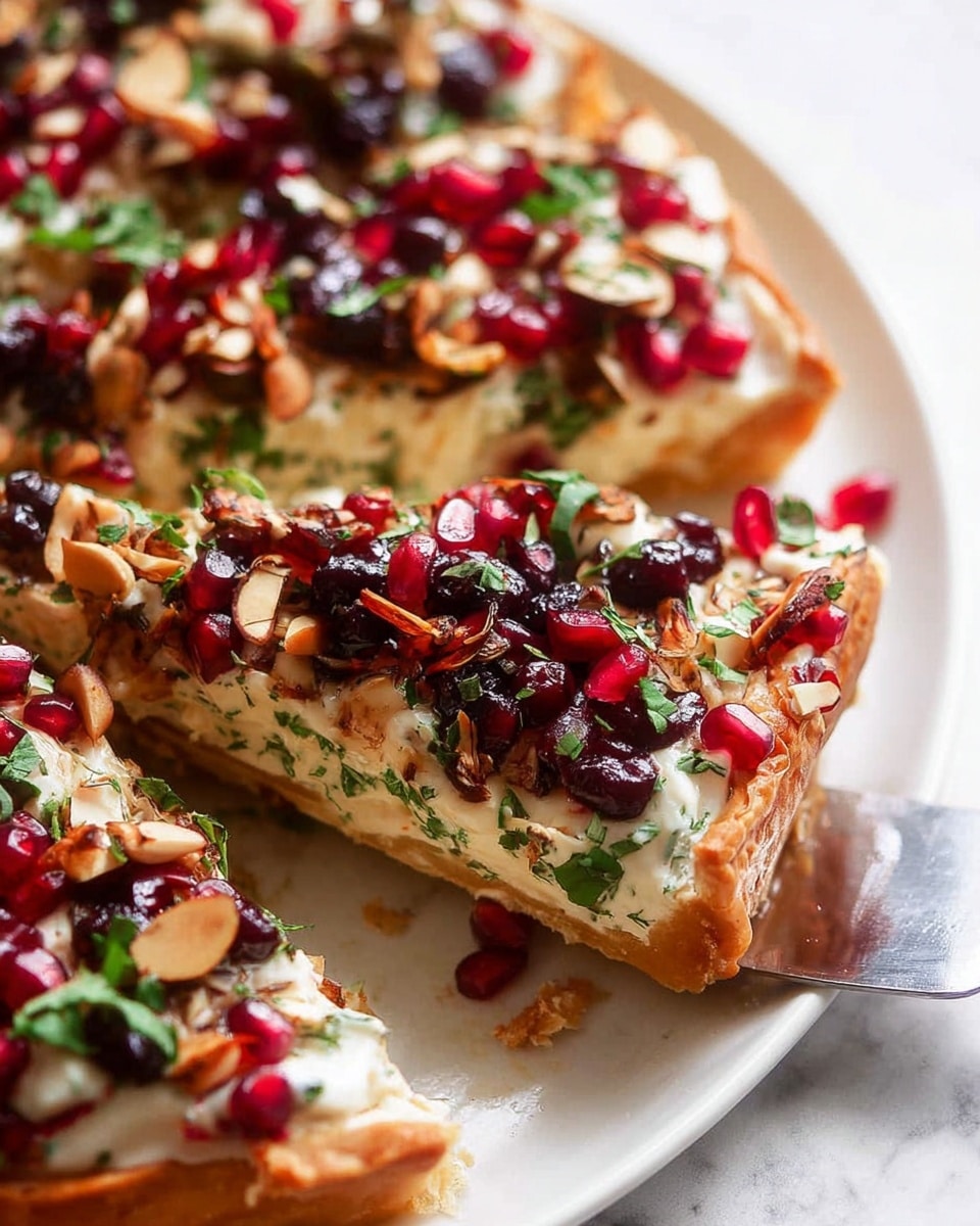 The dish shows three slices of golden brown pastry crust on a white plate with a white marbled texture underneath. Each slice is topped with a creamy white layer mixed with green herbs, spread evenly. On top of this creamy layer, there are scattered dark purple berries, bright red pomegranate seeds, and slivers of light tan nuts. The colors contrast richly against the creamy white layer and golden crust. A silver serving spatula is lifting the closest slice from the plate. Photo taken with an iphone --ar 4:5 --v 7