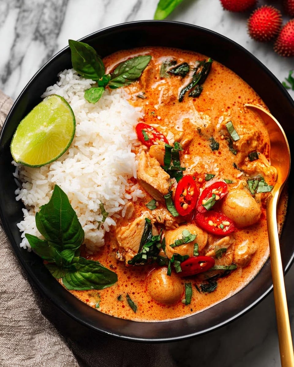 A black bowl filled with white rice at the bottom, topped with a thick, orange-red curry sauce that covers slices of chicken and small round onions. The curry has a creamy texture with some oil pooling on the surface. Fresh green basil leaves and red chili slices are scattered on top, adding vibrant color contrast. A wedge of lime sits on the side of the bowl. A gold spoon rests inside the bowl with its handle leaning on the edge. The bowl is placed on a white marbled surface with a light grey cloth and some lychee fruits visible nearby. Photo taken with an iphone --ar 4:5 --v 7