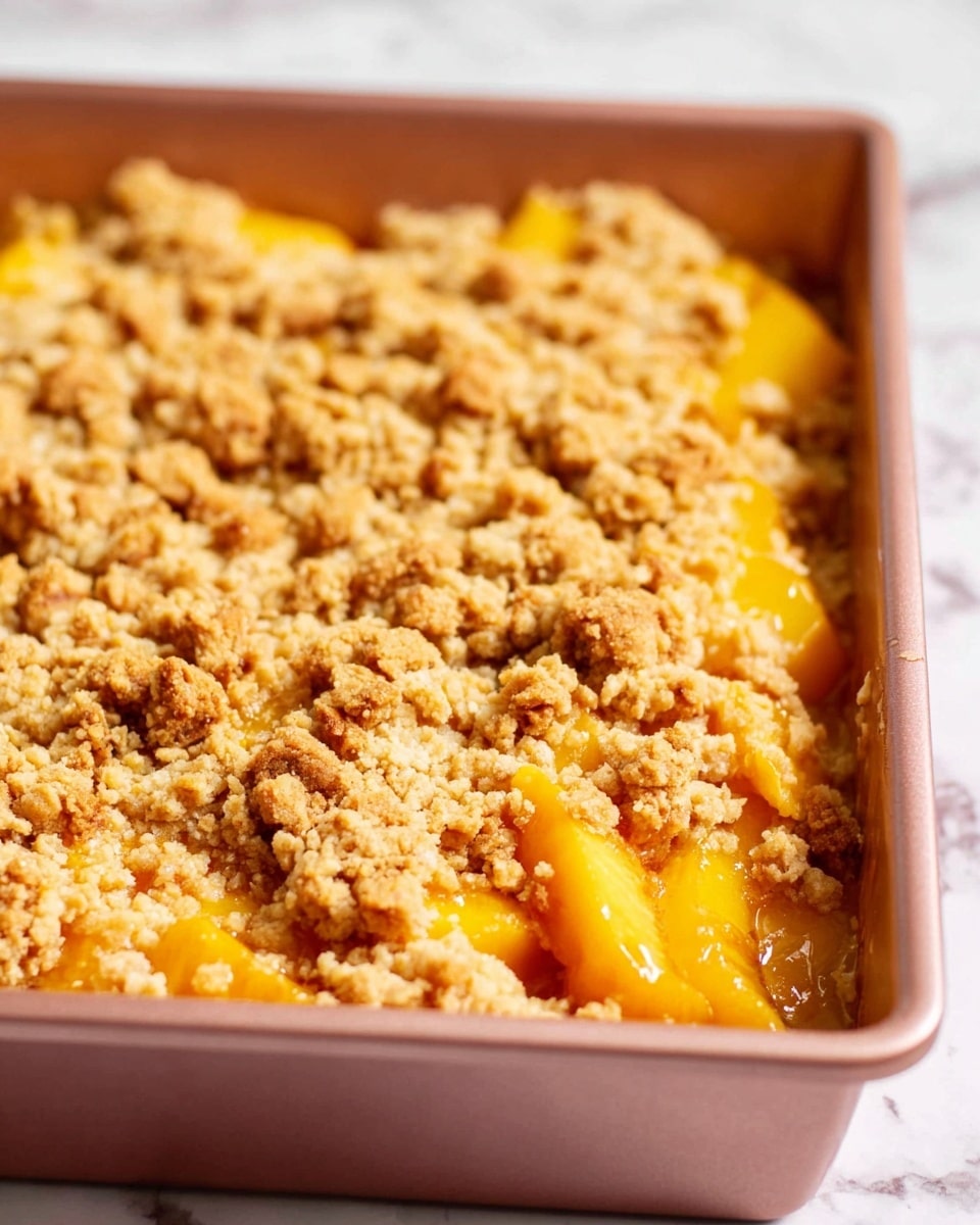 A close-up view of a peach crumble dessert in a square baking tin. The bottom layer consists of bright orange peach slices that are glossy and soft, visible under a generous topping of golden-brown crumbly streusel. The streusel looks crunchy with small and large uneven clusters spread evenly on top. The baking tin is rose gold and rests on a white marbled surface. Photo taken with an iphone --ar 4:5 --v 7