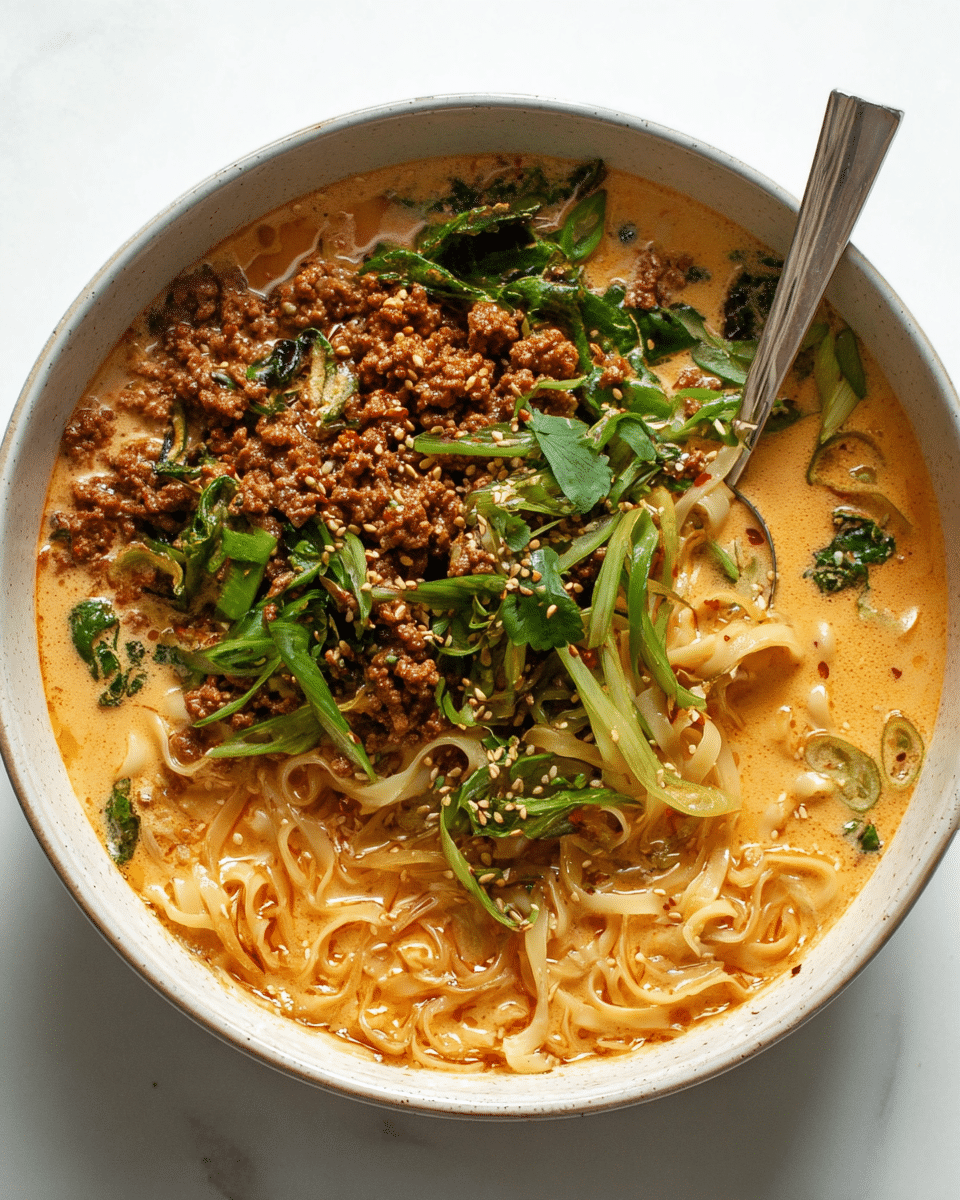 A bowl filled with three main layers: at the bottom, light yellow noodles are swirled in a creamy, orange broth filling about half of the bowl; the middle layer includes coarse crumbled brown cooked ground meat spread unevenly on top of the noodles; the top layer has fresh green vegetable strips and chopped herbs scattered around, with light beige sesame seeds sprinkled over everything. A silver spoon with a white handle rests inside the bowl, partially submerged in the broth near the right side. The bowl itself is white with a subtle speckled texture and sits on a white marbled surface. photo taken with an iphone --ar 4:5 --v 7