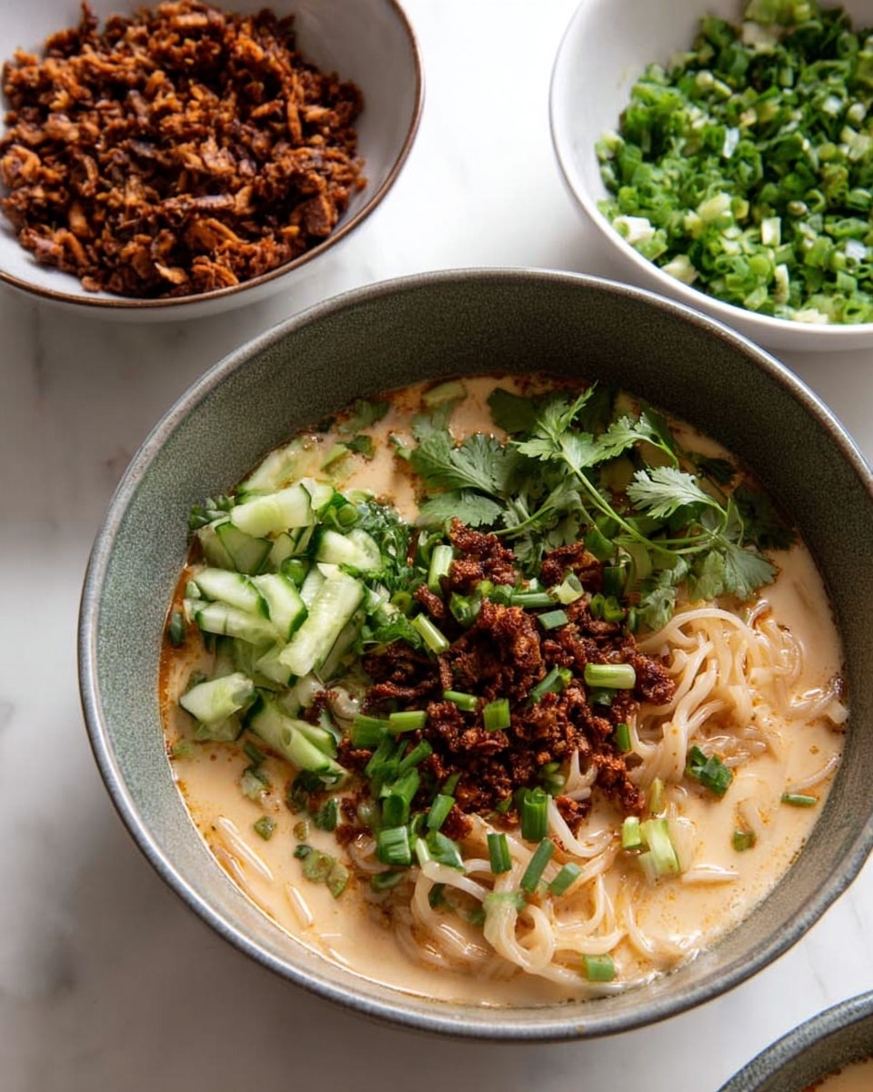 A round, gray ceramic bowl filled with a noodle soup showing three clear layers: at the bottom, creamy, light beige broth; above it, a nest of thin, pale noodles partially submerged; and on top, scattered dark brown crispy bits, fresh chopped green onions, slices of light green cucumber, and sprigs of green cilantro, all adding bright color and texture. Nearby, there are two white bowls on a white marbled surface—one filled with more dark brown crispy bits and the other with fresh green chopped herbs and green onions. The scene is softly lit, enhancing the natural colors and textures of the dish. photo taken with an iphone --ar 4:5 --v 7