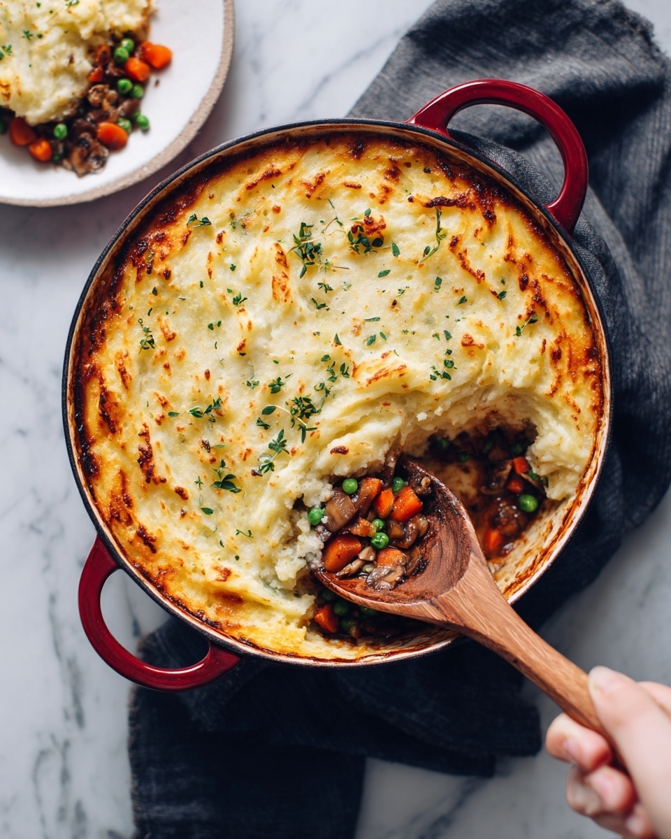 A round red pot filled with a baked layered dish sits on a white marbled surface, with a woman's hand holding a wooden spoon scooping from the bottom left side. The dish has three visible layers: the bottom layer is dark brown sauce with chunks of carrots, green peas, and mushrooms, the middle layer is light with soft mashed potatoes, and the top layer is golden-brown melted cheese with small green herb leaves sprinkled on it. A white plate with a serving of the dish is in the background on the left. There is also a dark cloth under the pot. Photo taken with an iphone --ar 4:5 --v 7