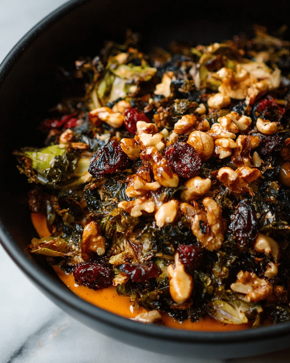 The image shows a close-up of a single layer of roasted shredded brussels sprouts mixed with scattered pieces of golden-brown toasted walnuts and bright red dried cranberries, all placed in a white dish with slightly raised edges. The brussels sprouts are cooked until they have caramelized, showing edges that are dark brown and crispy, contrasted with softer, lighter green parts. The walnuts add a rough, chunky texture, while the cranberries provide small shiny pops of red throughout the dish, all resting on a white marbled surface. Photo taken with an iphone --ar 4:5 --v 7