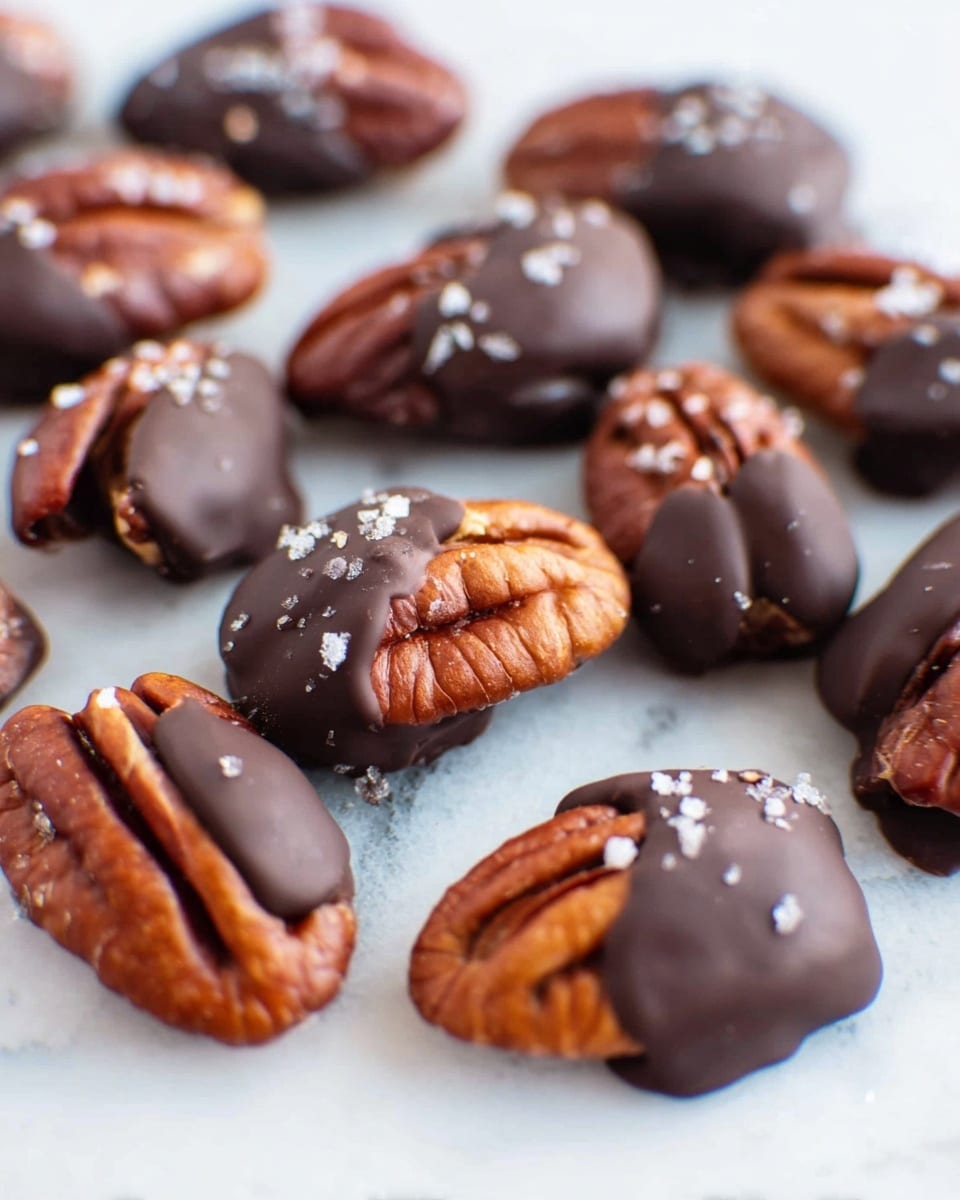 The image shows a close-up of several pecan halves mostly covered with a smooth layer of dark chocolate on a white marbled surface. Each pecan is rich brown with a natural wrinkled texture, while the chocolate coating is glossy and deep brown, covering about half of each nut. Some pieces have small, uneven sprinkles of white sea salt on top, adding a slightly grainy texture and a contrast in color. The pecans are scattered randomly, filling the frame with some focused in the front and others blurred softly in the background, creating depth. photo taken with an iphone --ar 4:5 --v 7