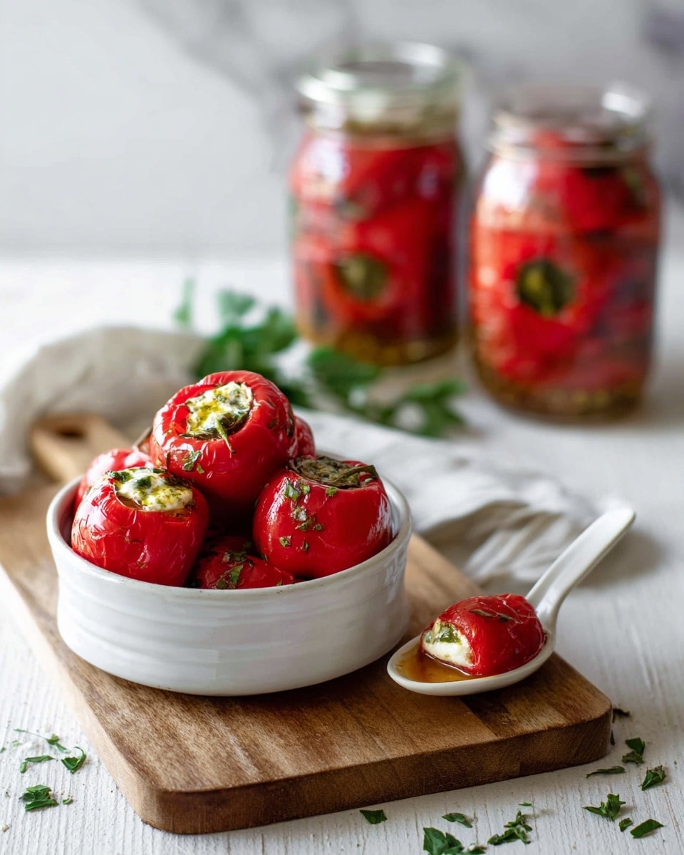 A white small bowl with five bright red stuffed peppers, glistening with oil, sits on a wooden board. The peppers are stuffed with a creamy white filling and sprinkled with small green herb pieces. To the right on the same wooden board is a white ceramic spoon holding one red stuffed pepper. In the background, two glass jars filled with the same red peppers and herbs are out of focus, set against a white marbled surface. Some green fresh herbs are scattered lightly on the board and surface. photo taken with an iphone --ar 4:5 --v 7