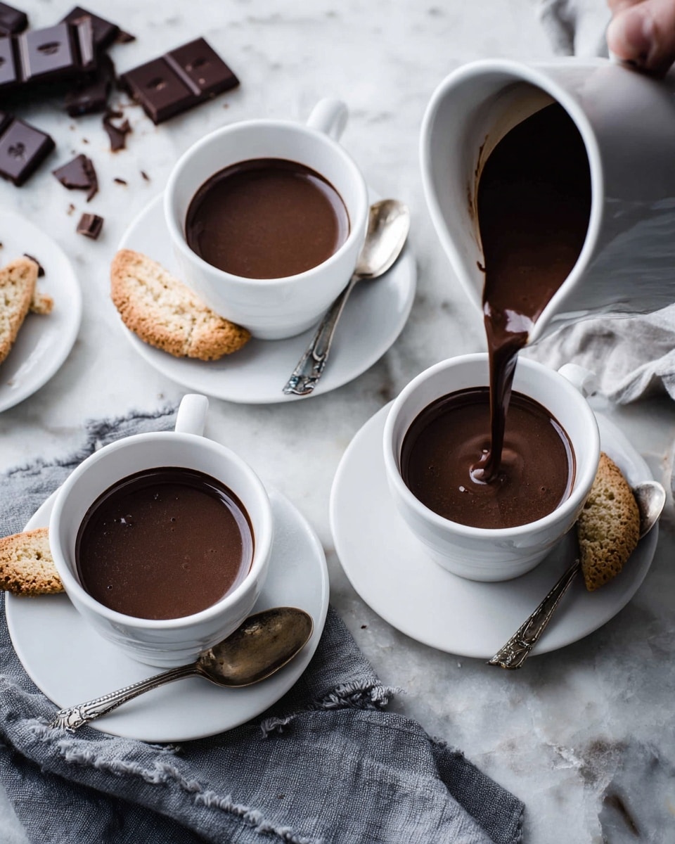 Three white cups filled with dark, smooth hot chocolate sit on white saucers on a white marbled surface. Each saucer has a piece of almond biscotti placed beside the cup, and a silver spoon rests on each saucer. One woman's hand is pouring more hot chocolate from a white pitcher into the top left cup. Scattered pieces of dark chocolate lie between the cups on the marbled surface. A textured gray cloth lies partially under the top left cup. The overall look is cozy and inviting. photo taken with an iphone --ar 4:5 --v 7