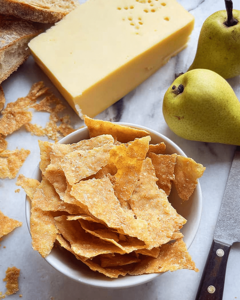 A white bowl filled with many pieces of thin, crispy crackers that are golden brown with a slightly rough texture, stacked loosely and unevenly. Behind the bowl, there is a large block of yellow cheese with a smooth surface and some small holes. To the top right, two green pears with a few dark freckles sit on a white marbled surface. A knife with a dark handle and a white blade rests near the cheese, and a piece of crusty bread is partly visible in the top left corner. Some cracker crumbs are scattered on the surface around the bowl. photo taken with an iphone --ar 4:5 --v 7