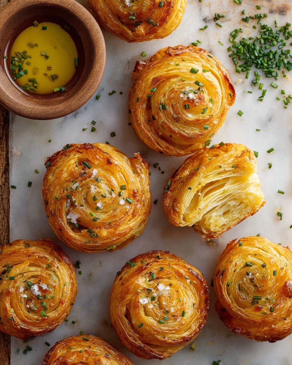 This image shows eight round, golden brown, spiral-shaped pastries with a crispy, flaky texture layered in tight swirls. Each pastry has small green chive pieces and bits of coarse white salt sprinkled on top. One pastry is cut in half revealing many thin, orange and light yellow layers inside, showing a soft, cheesy interior. To the top left, a small wooden bowl filled with melted butter with some green chives floating in it is placed. All the items are set on a white marbled surface with some scattered chopped chives around. Photo taken with an iphone --ar 4:5 --v 7