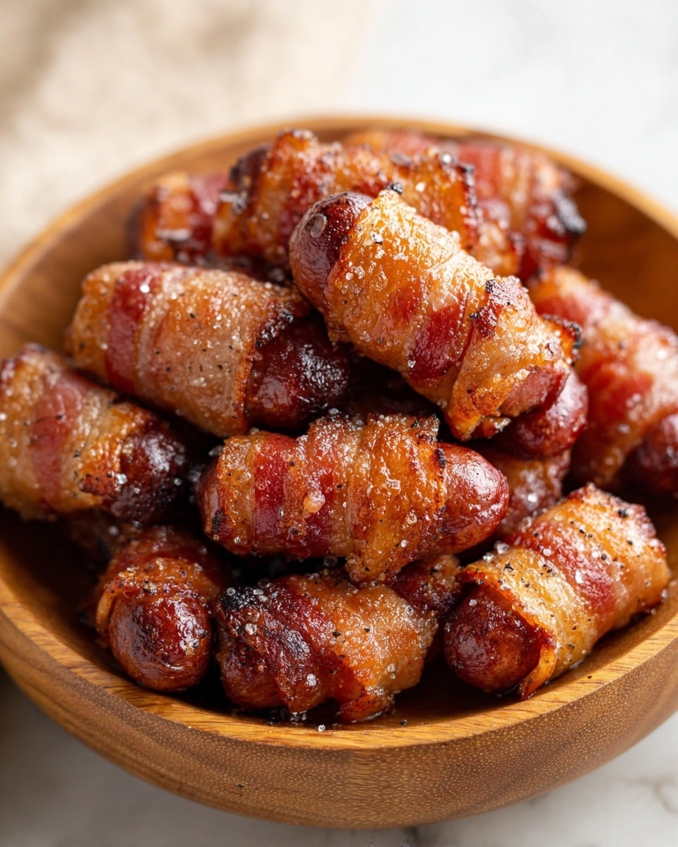 A wooden bowl holds a pile of small bacon-wrapped sausages, with about three layers visible. The bottom layer is sausages with crispy golden brown bacon wrapped around them. The middle layer shows sausages with a caramelized, slightly shiny brown bacon coating with some blackened edges. The top layer displays sausages with a crunchy texture of browned bacon, sprinkled with a light dusting of sugar and black pepper. The bowl sits on a white marbled surface, and the image captures the warm, rich colors and textures of the cooked bacon and sausages up close. photo taken with an iphone --ar 4:5 --v 7