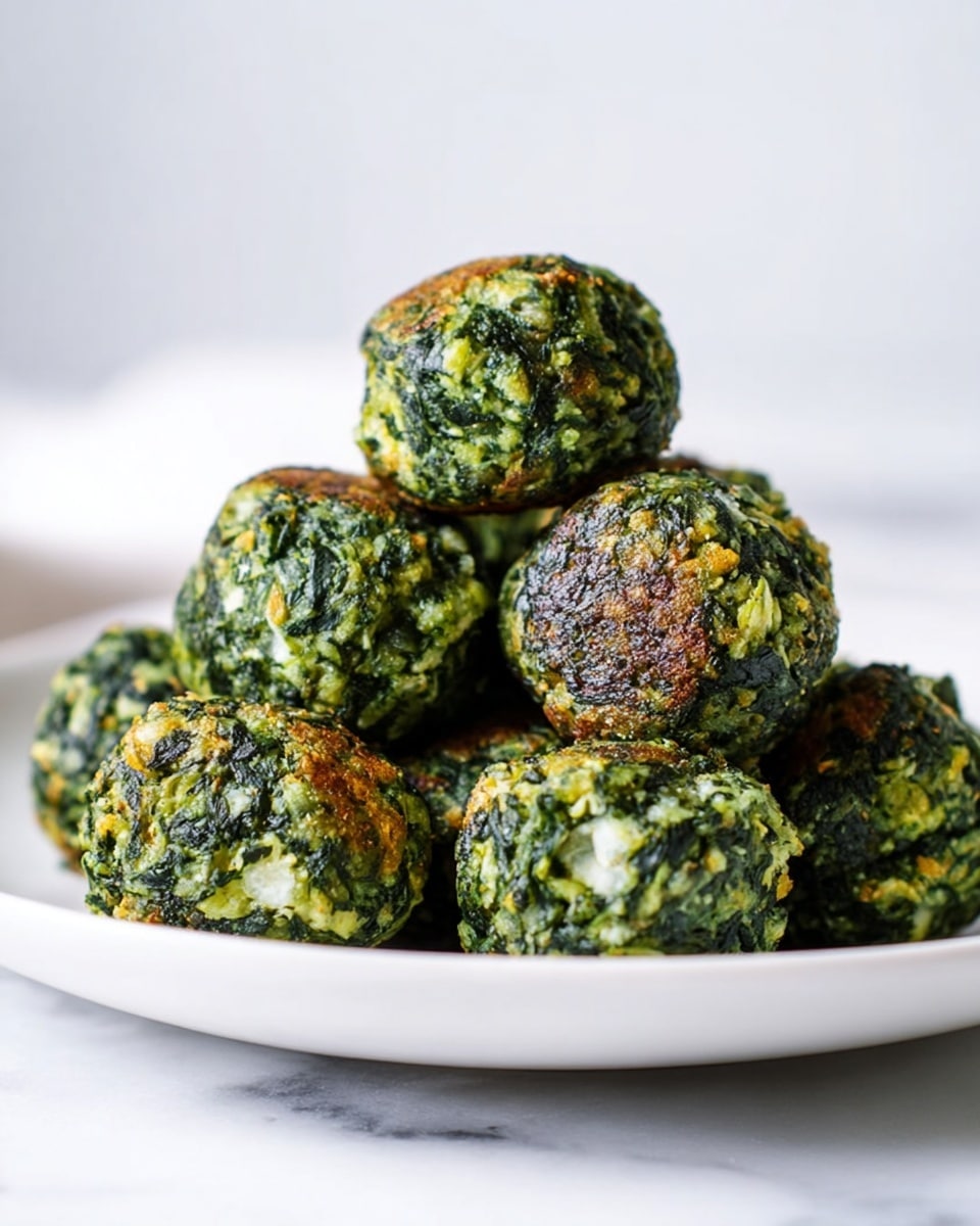 A white plate holds a pile of round falafel-like balls made of finely chopped green spinach with bits of white onion visible inside, giving a textured look. The exterior of the balls is slightly crispy and browned, showing darker and lighter green patches mixed with golden-brown spots. The balls are stacked in a pyramid shape, sitting on a white marbled surface with a blurred white background behind. photo taken with an iphone --ar 4:5 --v 7
