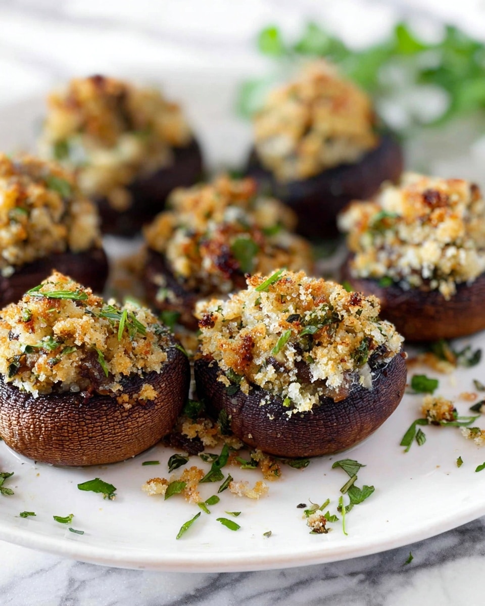 A white plate holds six dark brown stuffed mushrooms arranged close together, each mushroom cap filled with a crumbly, light beige mixture that includes finely chopped ingredients and bits of green herbs, giving texture and small pops of color. The mushrooms have a slightly shiny, cooked surface and the stuffing looks toasted with golden brown highlights on top. There are some scattered bits of the stuffing and small green herb leaves on the plate and white marbled surface around it, adding a fresh touch. Photo taken with an iphone --ar 4:5 --v 7