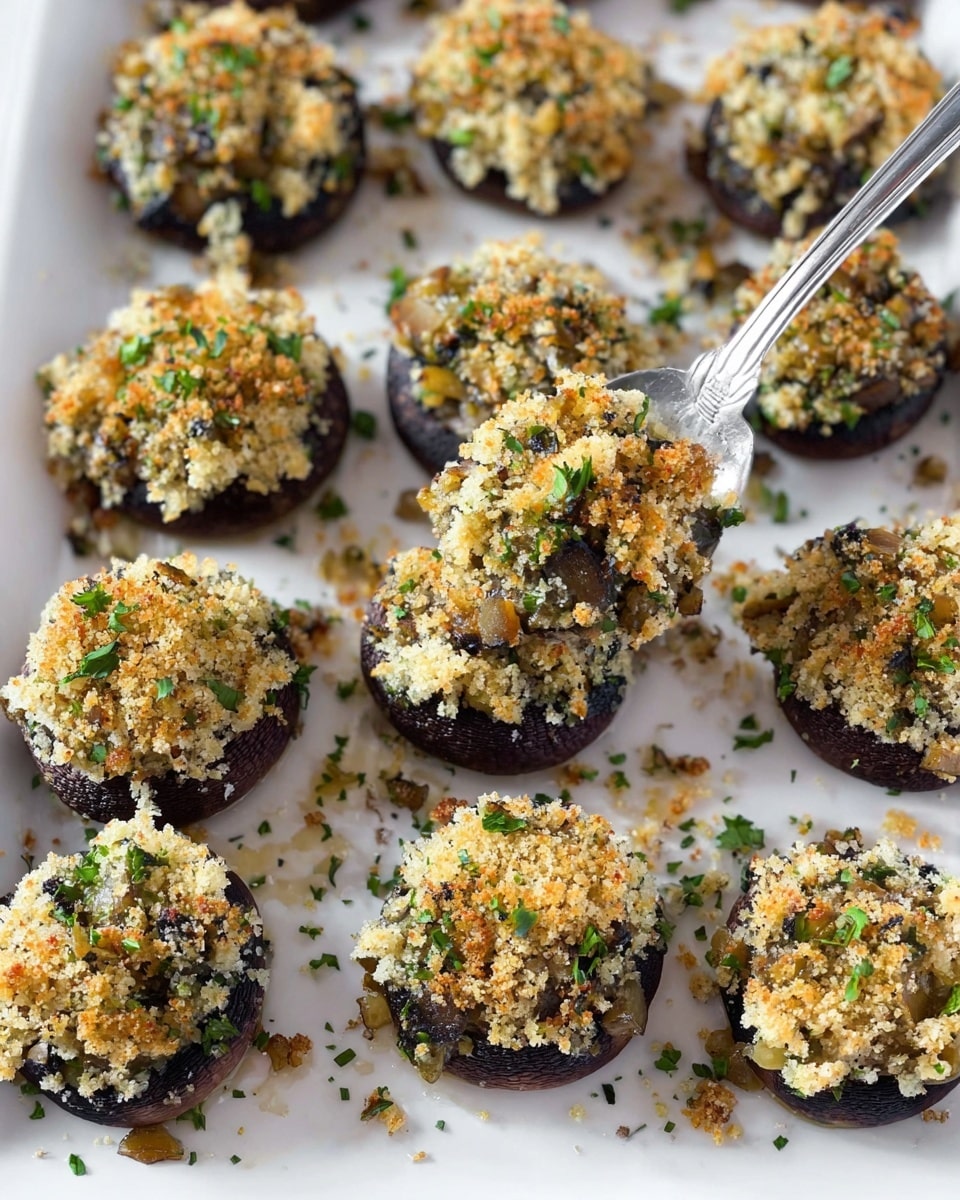 The image shows a white tray filled with a dozen stuffed mushrooms arranged in rows. Each mushroom has a dark brown cap as the base layer, topped generously with a crumbly mixture made of light beige breadcrumbs, small chopped green herbs, and bits of brown mushroom, creating a textured, slightly crispy top layer. Some crumbs and herbs are scattered around the mushrooms on the tray, adding a rustic feel. A silver spoon holds one stuffed mushroom in the center, slightly lifting it to showcase its full size and topping. The background is a clean white marbled texture. Photo taken with an iphone --ar 4:5 --v 7