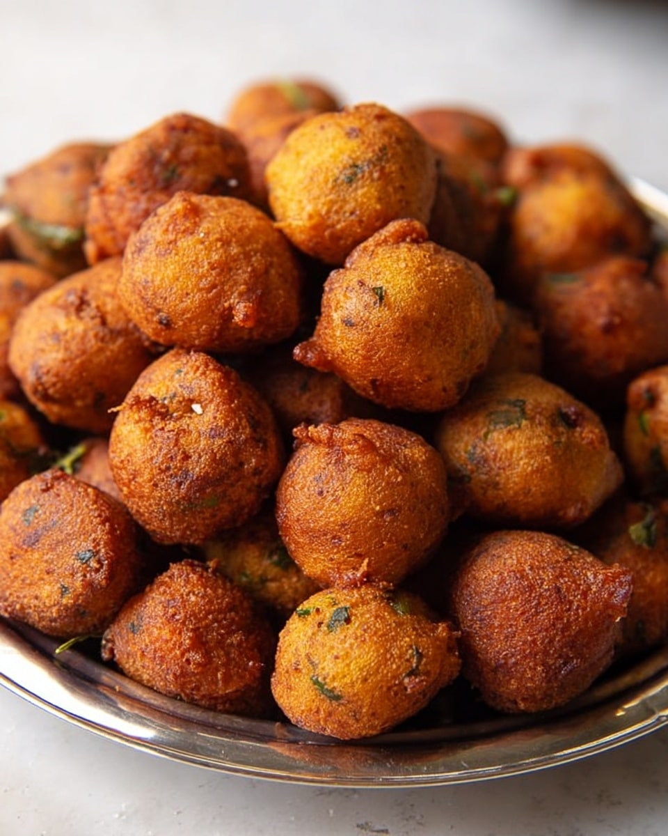 The image shows a round silver plate filled with many small, golden-brown fried balls. Each ball has a rough texture with visible bits of green herbs inside, giving them a slightly uneven, crispy surface. The balls are piled up in a heap, filling the entire plate, sitting on a white marbled surface. The lighting brings out the warm, crunchy look of the fried balls clearly. photo taken with an iphone --ar 4:5 --v 7