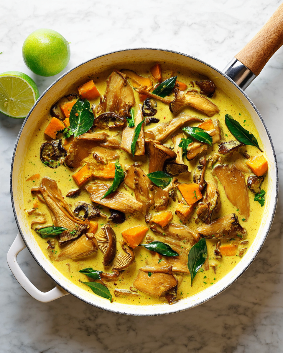 A white skillet filled with a creamy yellow curry sauce containing large slices of light brown king oyster mushrooms on top, small dark brown mushroom pieces scattered throughout, bright green curry leaves and whole green chili peppers, along with small cubed orange sweet potatoes mixed evenly in the curry. The skillet sits on a white marbled surface and two halved green limes are placed nearby on the left side. Photo taken with an iphone --ar 4:5 --v 7