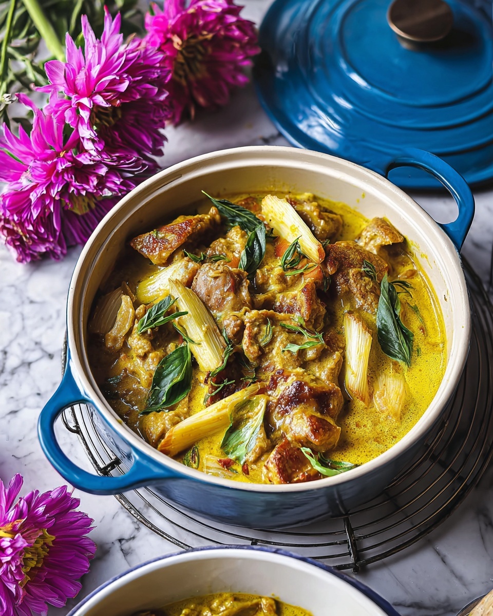 The image shows a blue round pot filled with a yellow creamy curry containing several layers: the top layer has pieces of cooked pork with golden brown edges, thin slices of white bamboo shoots, and dark green fresh basil leaves scattered on top. The sauce layer underneath is thick and glossy with a rich yellow color, covering chunks of meat and vegetables beneath. The pot sits on a wire cooling rack over a white marbled surface, with vibrant pink flowers placed around it. There is a matching blue lid partly visible next to the pot, and a white bowl at the bottom edge filled with the same curry dish. photo taken with an iphone --ar 4:5 --v 7