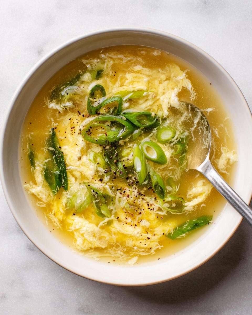 A white bowl filled with a light yellow egg drop soup showing soft, wispy layers of cooked egg floating in clear broth. Bright green sliced scallions and some leafy green herbs rest on top, adding fresh color and texture. Small black pepper specks are dotted across the surface, giving a speckled look. A silver spoon partially submerged in the soup is visible on the right side of the bowl. The bowl is set on a white marbled surface. photo taken with an iphone --ar 4:5 --v 7