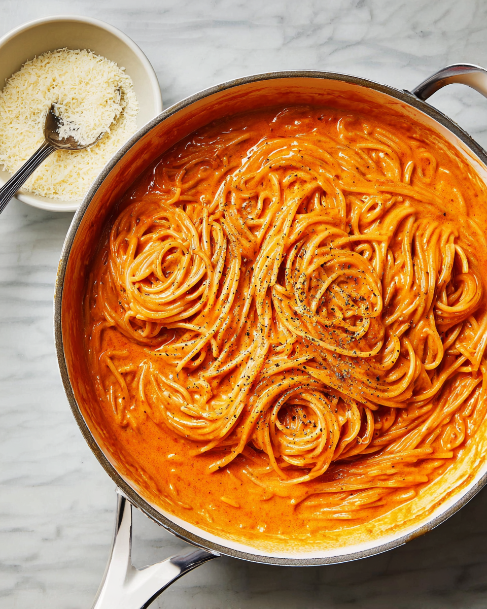 A close-up view of a white pan filled with creamy orange-red spaghetti sauce mixed evenly with long, thick spaghetti noodles, swirled softly with visible black pepper specks on top. Next to the pan is a small white bowl filled with finely grated cheese and a spoon inside. The pan and bowl are placed on a surface with a white marbled texture. photo taken with an iphone --ar 4:5 --v 7
