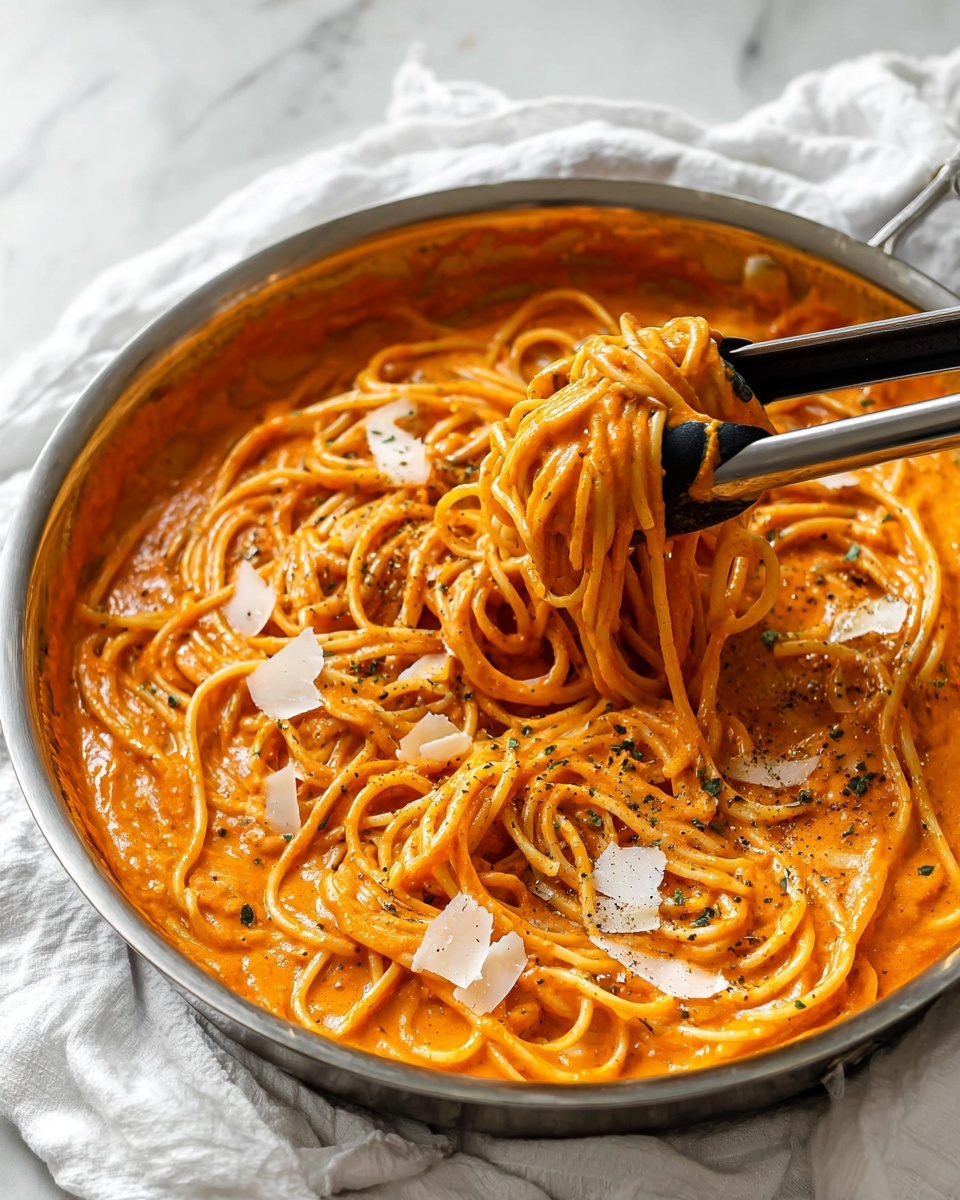 A stainless steel pan filled with spaghetti pasta coated in a thick, creamy orange tomato sauce, showing a smooth and slightly glossy texture. The spaghetti strands are twisted and lifted by silver tongs with a black handle, revealing the sauce dripping slightly. Scattered on top are small white shavings of cheese and specks of black pepper, adding texture and contrast. The pan rests on a white cloth over a white marbled textured surface. Photo taken with an iphone --ar 4:5 --v 7