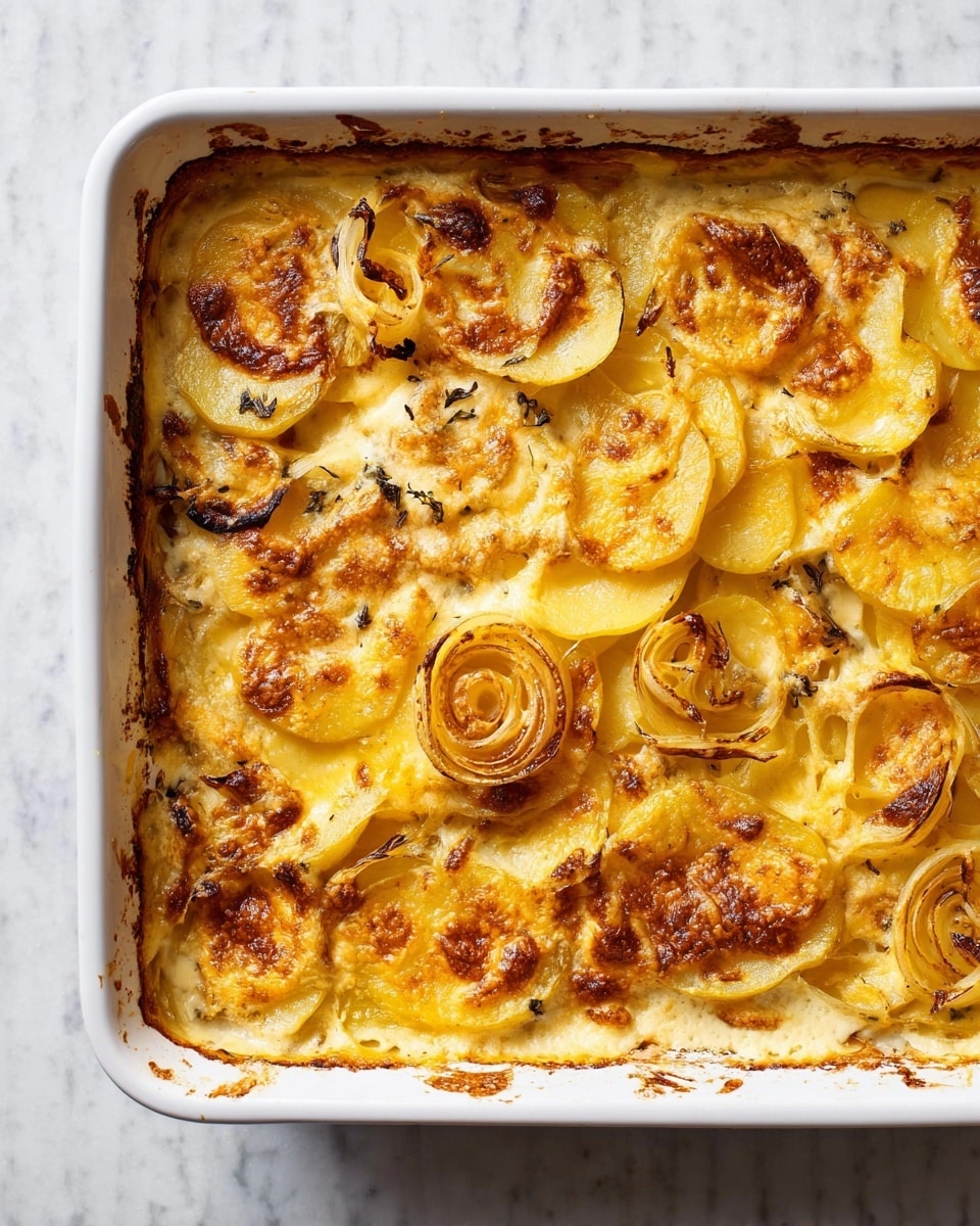 The image shows a baked dish in a white rectangular ceramic baking dish. The dish has several golden-brown layers of thinly sliced potatoes and onions evenly arranged. The potato slices are creamy yellow with crispy browned edges, while the onion rings are light with some charred spots, adding texture and color contrast. The top surface is covered with melted cheese, bubbling and slightly browned in some areas, giving a rich, creamy texture. The sides of the dish have small browned bits of baked cheese and sauce. The background is a white marbled surface. Photo taken with an iphone --ar 4:5 --v 7
