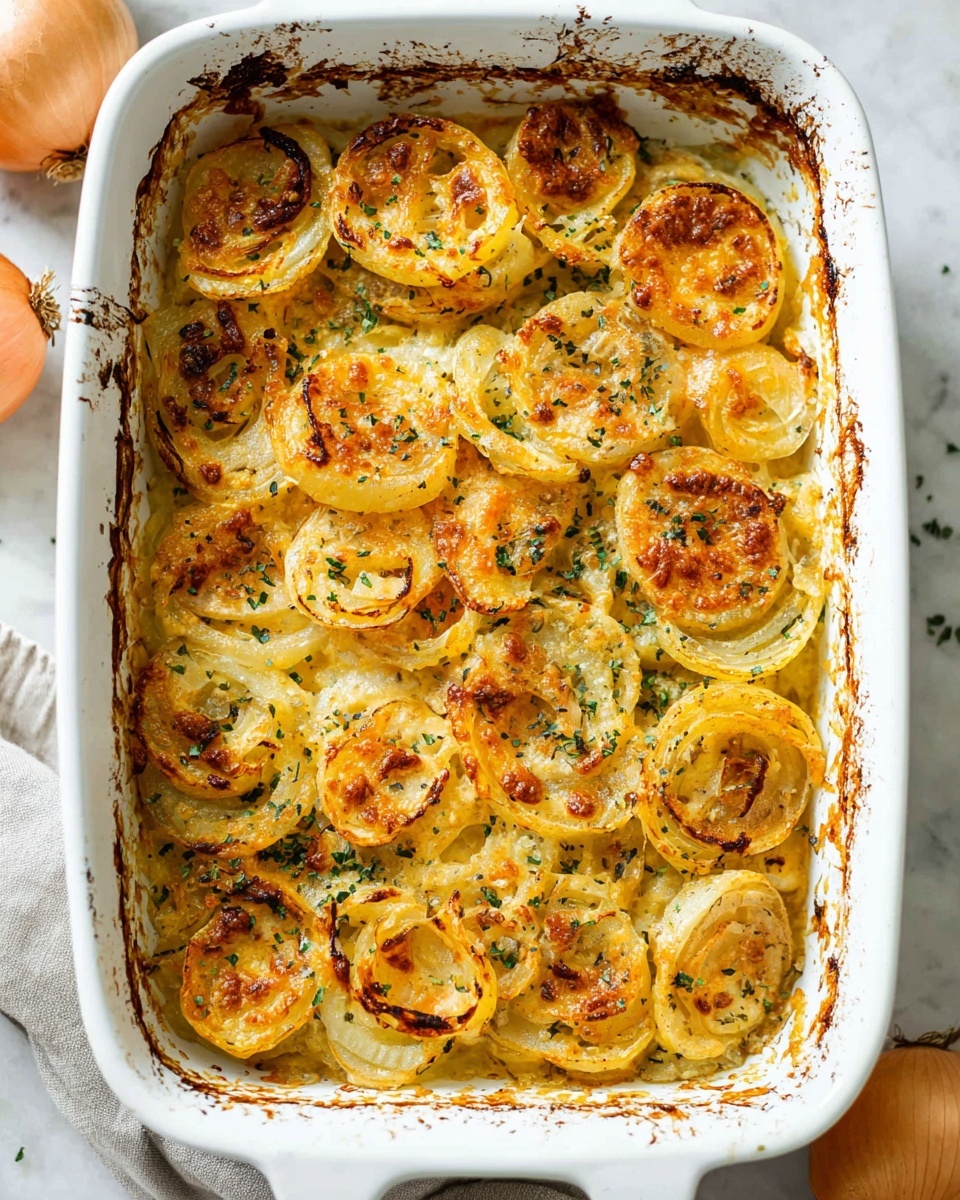 The image shows a white baking dish filled with baked onion rings layered in about two clear layers. The bottom layer is made of slightly browned, soft yellow onion rounds, while the top layer consists of golden brown onion rings with some crispy edges and a melted cheesy texture. The dish is sprinkled with small pieces of green herbs, adding a fresh touch. The sides of the dish have some baked-on browned bits, giving it a rustic look, and the whole dish rests on a white marbled surface with a few whole onions visible in the background. photo taken with an iphone --ar 4:5 --v 7