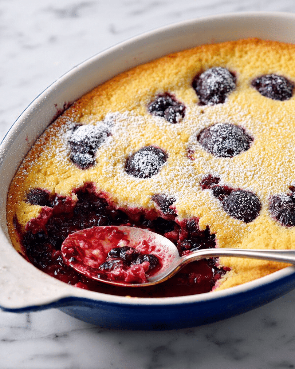 An oval white baking dish with a blue edge holds a baked berry cobbler with two visible layers; the top layer is golden yellow with a soft texture, dotted with dark purple-black baked berries, and lightly dusted with powdered sugar. The bottom layer is a rich, vibrant deep red berry filling that looks juicy and thick, partially scooped out with a silver spoon resting inside the dish. The dish is set on a white marbled surface. photo taken with an iphone --ar 4:5 --v 7