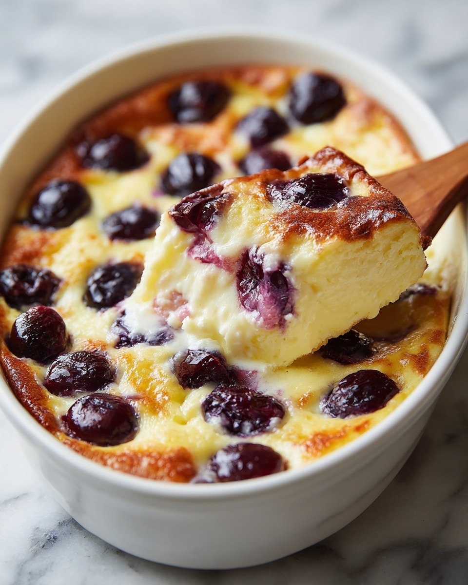 The image shows a baked cherry clafoutis in a white oval dish. The clafoutis has a golden-brown top layer with a slightly crispy texture, dotted evenly with whole dark red cherries that have softened and released some juice, creating purple spots. Underneath, the batter is pale yellow and custard-like, soft and creamy, forming the middle and bottom layers. A slice of the clafoutis is being lifted by a wooden spatula, showing the moist, tender inside with visible cherries, contrasting the firmer top. The dish sits on a white marbled surface. Photo taken with an iphone --ar 4:5 --v 7
