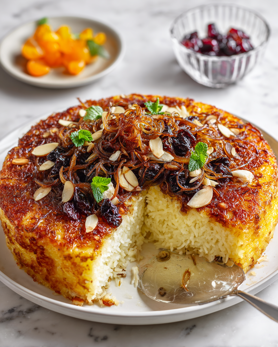 A round, golden-brown crispy rice cake sits on a white plate with a slice cut out, revealing vibrant yellow rice inside. The top layer is a thick, crunchy crust with a rich, slightly charred texture. On top of the cake and on the cut slice, there is a pile of dark caramelized onions mixed with small dark red dried berries. A shiny golden spoon rests beside the plate on a white marbled surface. photo taken with an iphone --ar 4:5 --v 7