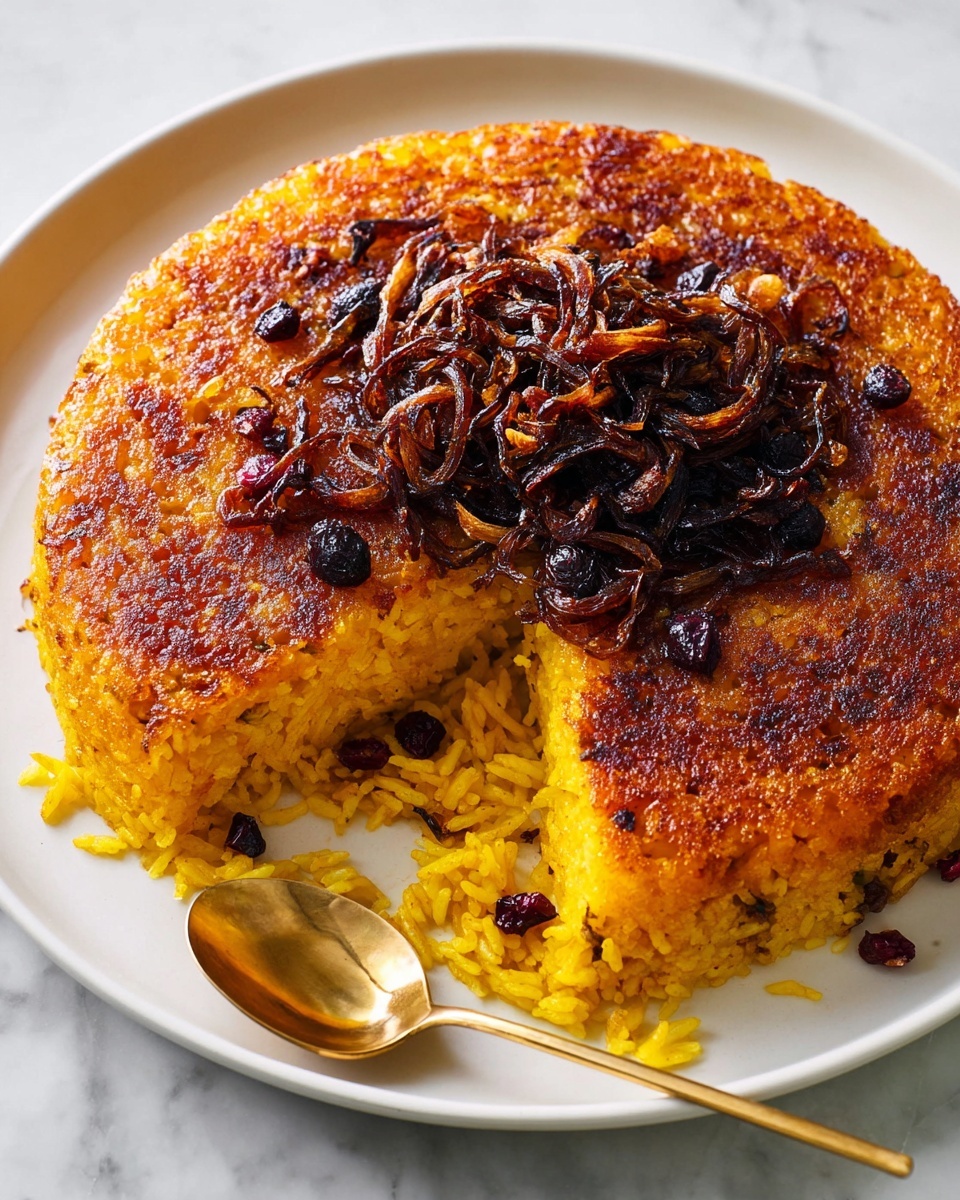 A golden-brown crispy layer covers the top of this round rice dish, with a slice cut out revealing a soft, fluffy yellow and white rice layer beneath. On top, there is a generous mix of caramelized thin onion slices, dark dried berries, and slivered nuts to add texture and color. The dish sits on a white plate with a clear glass pie server partially beneath the cut slice. In the background, a small clear bowl with more berries and orange fruit pieces can be seen on a white marbled surface. Photo taken with an iphone --ar 4:5 --v 7