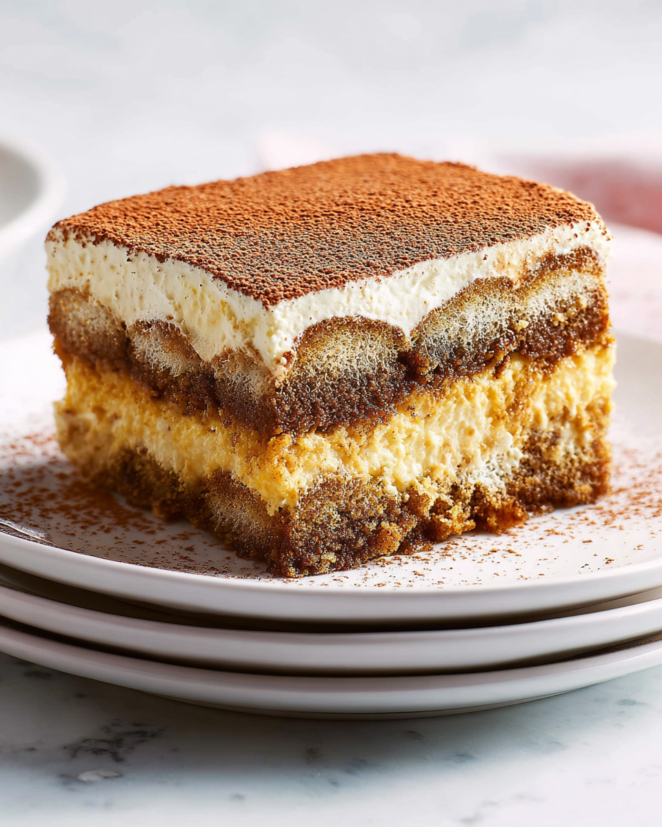 A piece of layered dessert on a white plate with a fork beside it, placed on a white marbled surface. The dessert has three layers; the top and bottom layers are light brown with a rough texture, likely sponge cake, and the middle layer is thick, creamy, and orange-colored with a slightly grainy texture. The dessert appears moist and soft, with the top layer dusted lightly with fine powder. The background is plain with a light neutral tone. Photo taken with an iphone --ar 4:5 --v 7