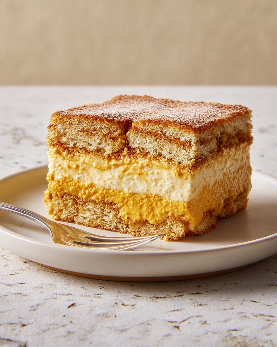 A close-up of a square slice of tiramisu with three main layers, sitting on a stack of three white plates, all placed on a white marbled surface. The bottom layer is a dense, dark brown coffee-soaked sponge with a rough texture. Above it is a thick, creamy light tan layer that looks soft and smooth with visible bits of soaked sponge inside. The middle layer is another dark brown sponge, similar to the bottom but slightly lighter in color and clearly textured. The top layer is a thick, rich orange-tan cream, dusted evenly with a fine layer of cocoa powder, giving it a slightly grainy look. Photo taken with an iphone --ar 4:5 --v 7