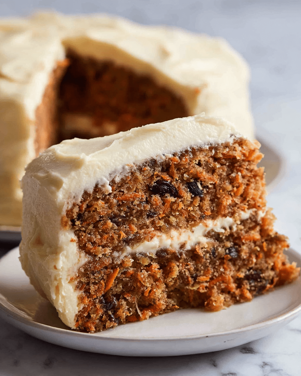 The image shows a close-up of a two-layer carrot cake slice on a white plate, placed on a white marbled surface. The cake has a moist, brown texture with visible grated carrot and small dark bits, possibly nuts or raisins, throughout the layers. Between the two layers is a thick spread of creamy, off-white frosting, which also covers the entire outside of the cake smoothly with slight texture. A slice has been cut out, showing the soft inside and even layers. Photo taken with an iphone --ar 4:5 --v 7