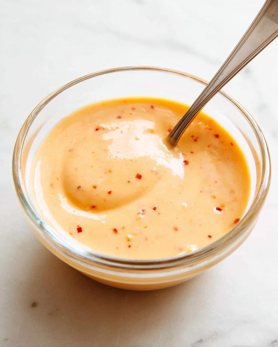 A clear glass bowl filled with a smooth, creamy sauce that is pale orange with small red specks throughout, giving it a slightly textured look. A silver spoon rests inside the bowl, partially submerged in the sauce, with a swirl of the sauce visible on the spoon. The bowl sits on a white marbled surface, creating a clean and bright background. photo taken with an iphone --ar 4:5 --v 7